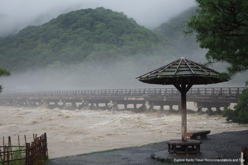 Heavy rain in Kyoto Arashiyama Togetsukyo Bridge